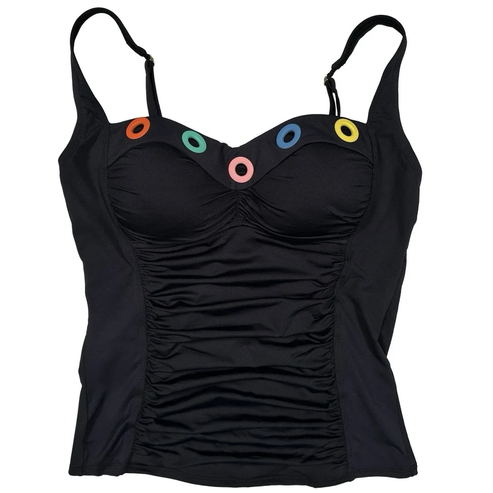 BLEU Rod Beattie Black Grommet Tankini Swim Top 8 Ruched Molded Cups NWT Chic